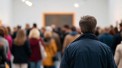 Fototapeta premium Group of people at an exhibition in an art gallery, back view, cultural gathering concept, with copy space