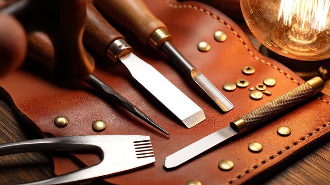 Artisan leather craft tools including chisels, awl, and pricking iron on a workbench with warm atmospheric lighting.