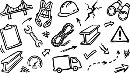 Fototapeta premium Hand Drawn Construction Engineering Safety Doodle Icons Set