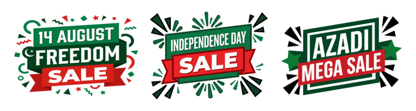 3 different Retail marketing Sale sticker bundle with multiple holiday slogans for customizable August 14 e-commerce catalog layouts
