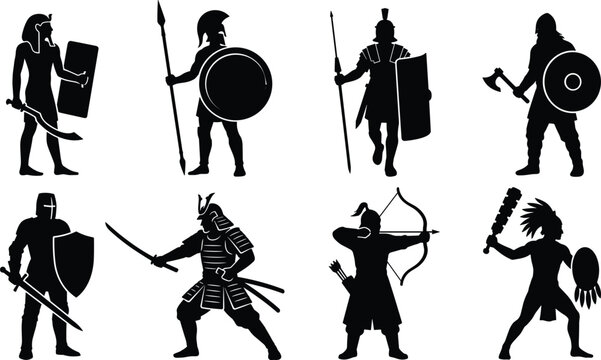Ancient Warrior Silhouettes Set Including Knight Samurai Spartan Roman Egyptian Viking Archer and Aztec Fighter