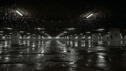 Obraz premium Rain Falls in Empty Parking Garage During Evening Hours