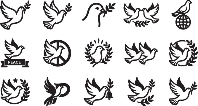 Various peace dove logos and emblems with wreaths bells and globe elements.