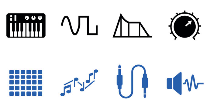 Set of music icons featuring digital synthesizer keyboard audio waves volume knob and sound notes symbols Vector, illustration