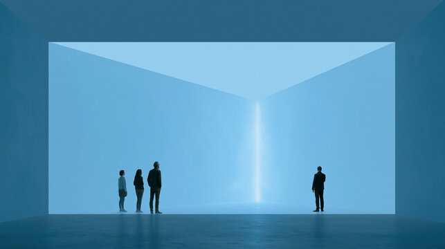 People viewing an exhibition with digital content and augmented reality, virtual museum tour concept, with copy space