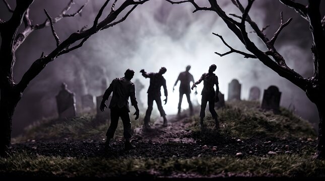 Miniature zombie horde emerging from a foggy cemetery at night