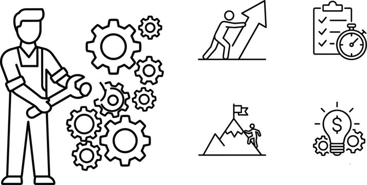 Industrial business productivity optimization vector icon set featuring technician mechanic fixing gears and career growth symbols