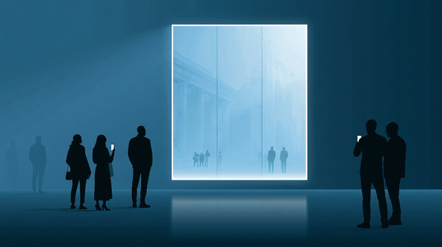 People viewing an exhibition with digital content and augmented reality, virtual museum tour concept, with copy space