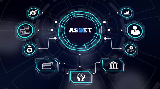 Wealth allocation and asset management concept on a futuristic virtual screen dashboard displaying an interactive network database structure