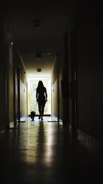Dog and person silhouette walking in hallway slow mov