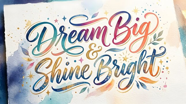 Watercolor 'dream big shine bright' hand lettering with gold foil accents