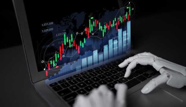 A robotic hand explores a laptop screen filled with vibrant stock market graphics, showcasing the blend of technology and finance in modern investment strategies. Scalp