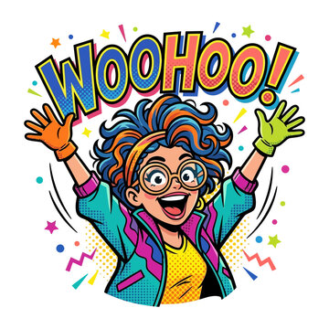 Excited Woman Cheering with Woohoo Text in Pop Art Style