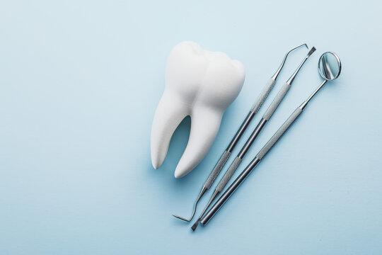 Dental Tools and Tooth Model on Blue Background for Oral Care and Dental Clinic Use