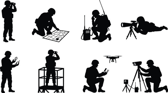 Military intelligence and surveillance silhouettes set featuring soldiers with drone, map, binoculars, and communication gear