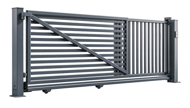 Gray sliding driveway gate with fence panels on transparent background