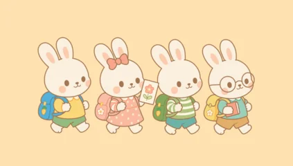 Cute Bunny Students Walking to School with Backpacks - Kawaii Rabbit Characters Set © FoxyImage