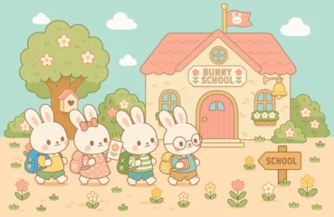 Back to School Cute Bunny Students Walking to School Building.  Kawaii Spring Illustration © FoxyImage
