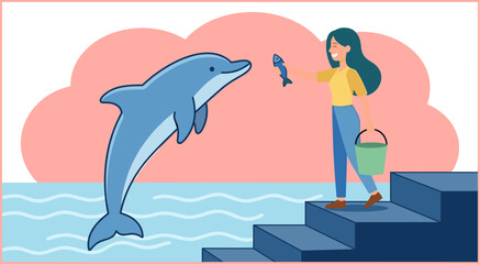 Naklejka premium Woman Feeding Dolphin at Aquarium Pool Vector Illustration for Marine Education