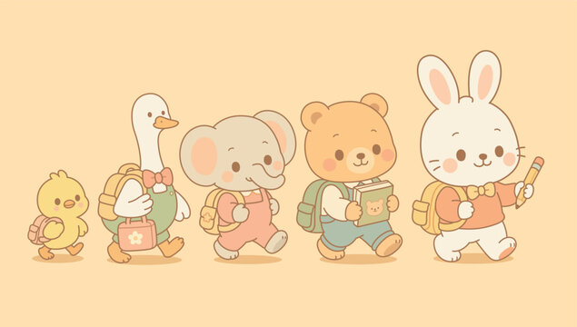 Cute Woodland Animal Students Walking to School &ndash; Kawaii Back to School Characters Set