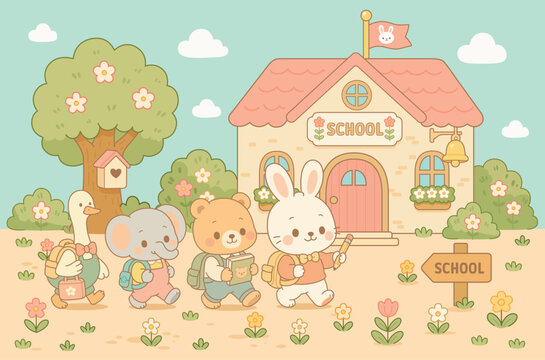 Back to School Woodland Animal Friends Walking to School Building &ndash; Cute Cartoon Illustration