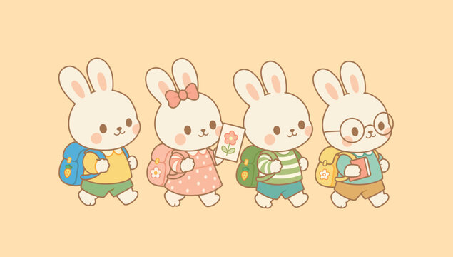 Cute Bunny Students Walking to School with Backpacks - Kawaii Rabbit Characters Set