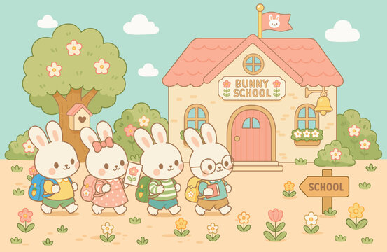 Back to School Cute Bunny Students Walking to School Building.  Kawaii Spring Illustration