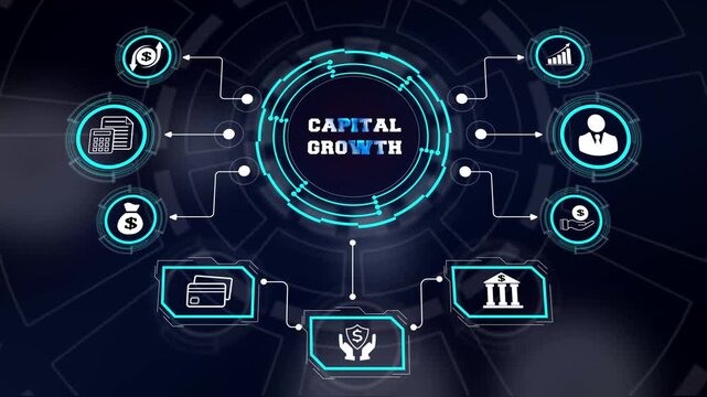 Advanced capital growth concept showing an interactive digital hud dashboard with virtual neon icons for strategic business investment tracking