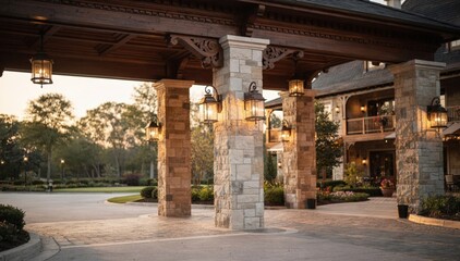 Obraz premium Focused medium shot of a traditional clubhouse arrival area highlighting classic stone columns and an ornate portecochere with vintage lanterns blurred trees and drive behind.
