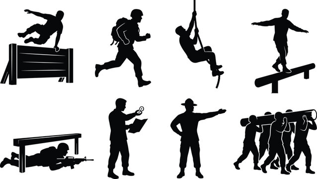 Military Training Obstacle Course and Bootcamp Soldiers Silhouette Vector Icon Set