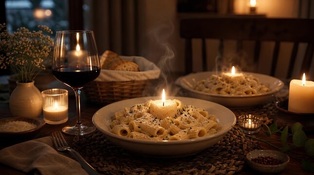 Candlelit bowls of creamy rigatoni pasta with red wine, bread, and warm table decor create a romantic dinner setting for restaurant or date night promotions.