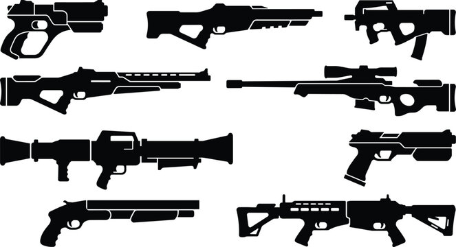 Set of futuristic weapons and sci fi guns black silhouettes isolated on white background