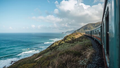 Naklejka premium Train Travels Along the Coast Near the Ocean With Hills and Clouds in the Sky