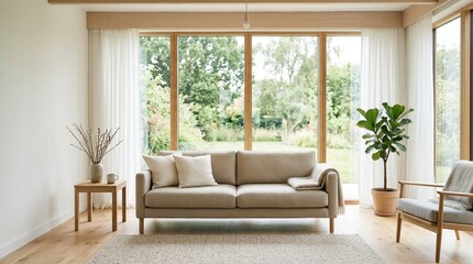 Fototapeta premium Bright minimalist living room with beige sofa, wooden floors, large garden windows, sheer curtains, and potted plant, ideal for home decor and interior design promotions.