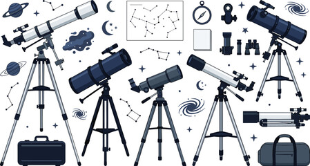 Astronomy telescope vector illustration set with space observation equipment star constellation maps galaxy planets tripod stands and carrying cases © Ratna
