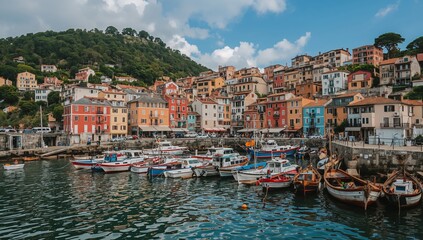 Fototapeta premium Colorful Homes Sit Along the Shore Near Boats in a Small Harbor at Midday