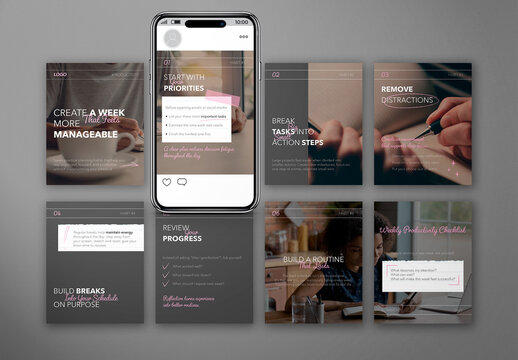 Instagram Carousel Template Productivity Planner AIT Editable Social Media Post Set. Change colors, fonts, photos and text