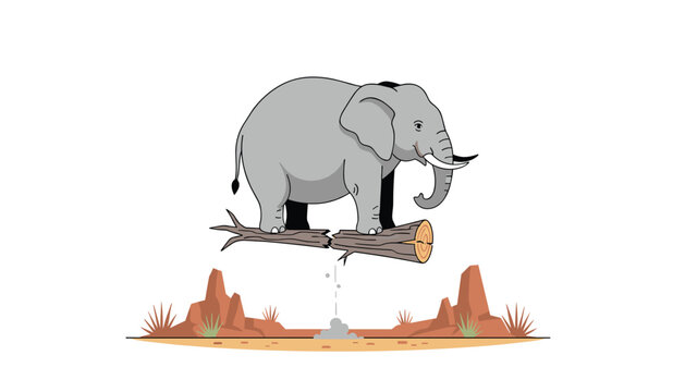 Funny illustration of a cartoon elephant jumping over a broken log in a desert environment.