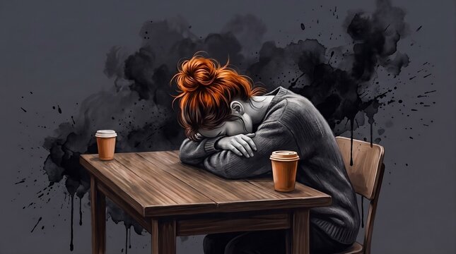 Exhausted Woman Sitting at Table with Coffee Cups Stress Illustration