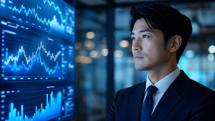 Fototapeta premium Businessman reviewing blue digital market charts and analytics dashboards in a modern office, showing performance data, reporting, and business strategy