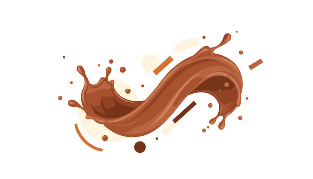 Liquid chocolate splash swirling in an elegant shape with decorative geometric circles and lines on white.