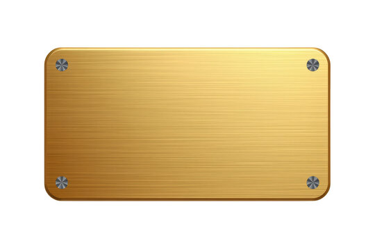 Blank gold metal nameplate with brushed texture and screws, classic design for plaques and signs on transparent background