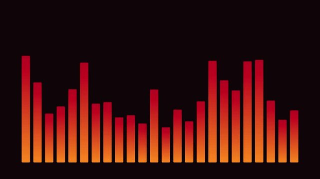 Dynamic audio equalizer waveform animation, red and orange sound frequency bars on 4k black background
