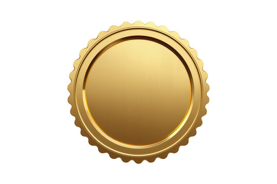 Gold seal badge presenting blank metallic award label with ribbed border, transparent background for quality concept