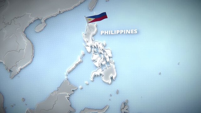 3D Topographical Map of the Philippines with Waving National Flag and Pulsating Highlight, Horizontal Broadcast Graphic
