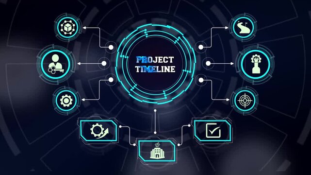 Project timeline dashboard visualizing corporate scheduling management and milestones tracking with interactive neon nodes