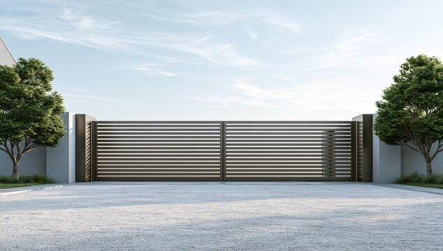 Modern driveway gate with concrete wall and trees under blue sky