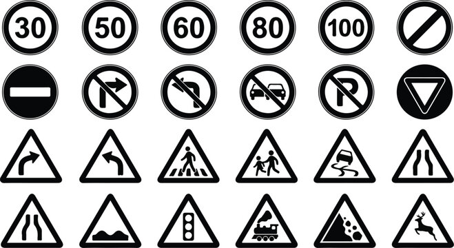 Traffic speed limit restrictions and triangular warning signs icon matrix