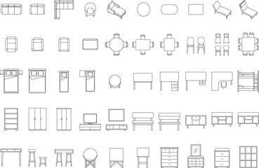 Obraz premium Furniture Outline Top View Icons Set, Thin Line Floor Plan Symbols for Interior Architecture, Space Planning, Architectural Drawings and Furniture Layouts