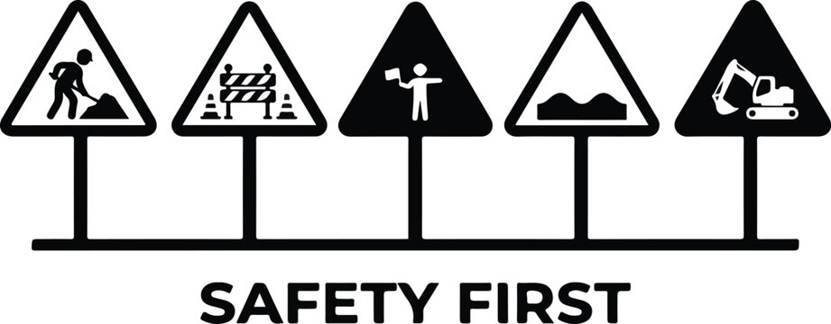 Safety first road construction caution signs row silhouette vector template layout